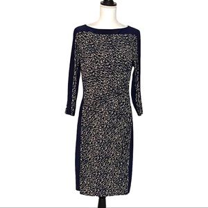 Ralph Lauren Long Sleeve Boatneck Ruched Dress Women SZ 12 Navy & Cream